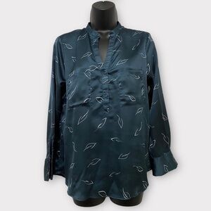 Zara Basic Collection Navy Blue & White Leaf Print Long Sleeve Top Size Small